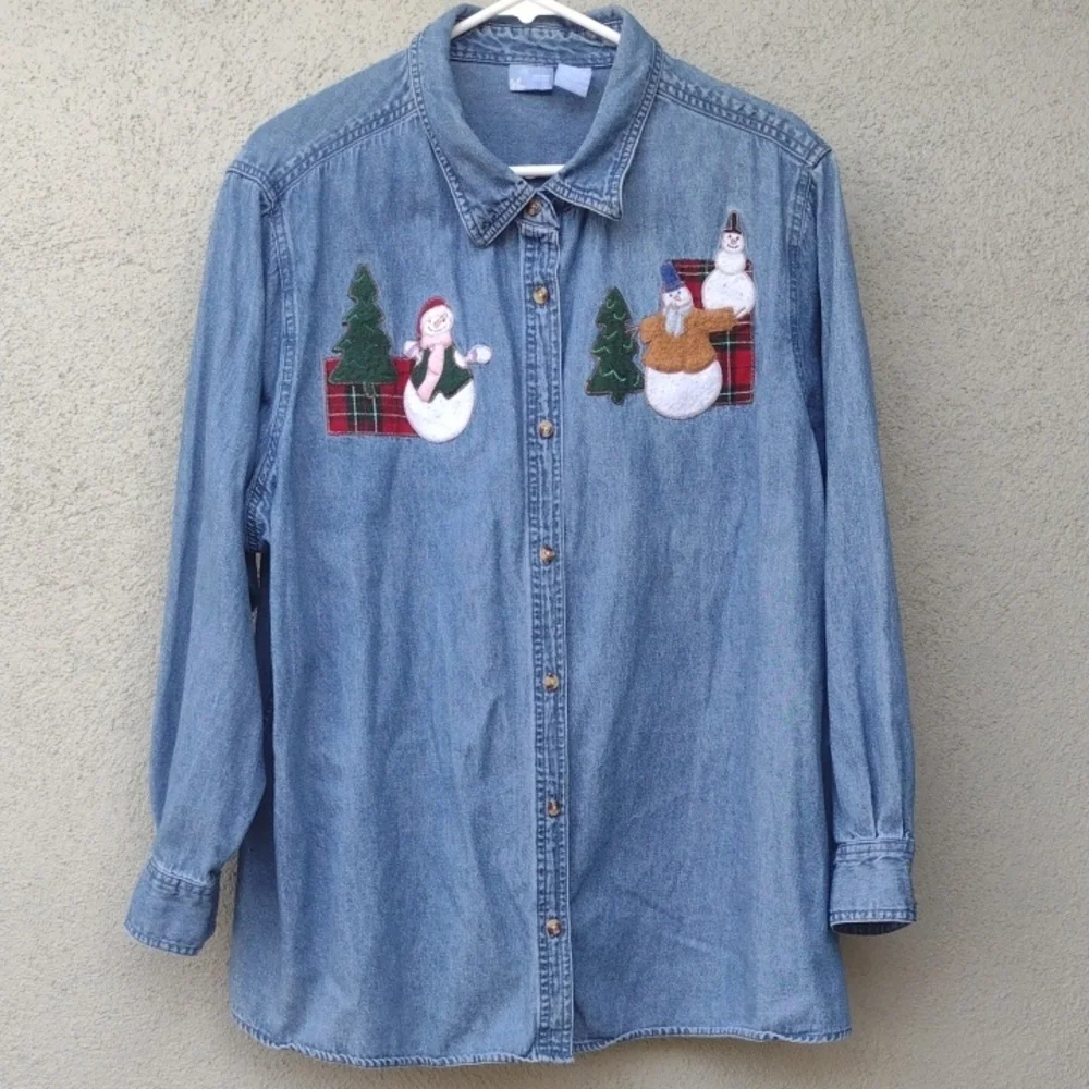 Holiday Editions Blue Chambray Christmas Snowmen Felt Applique Shirt Women's 2X - Picture 1 of 9
